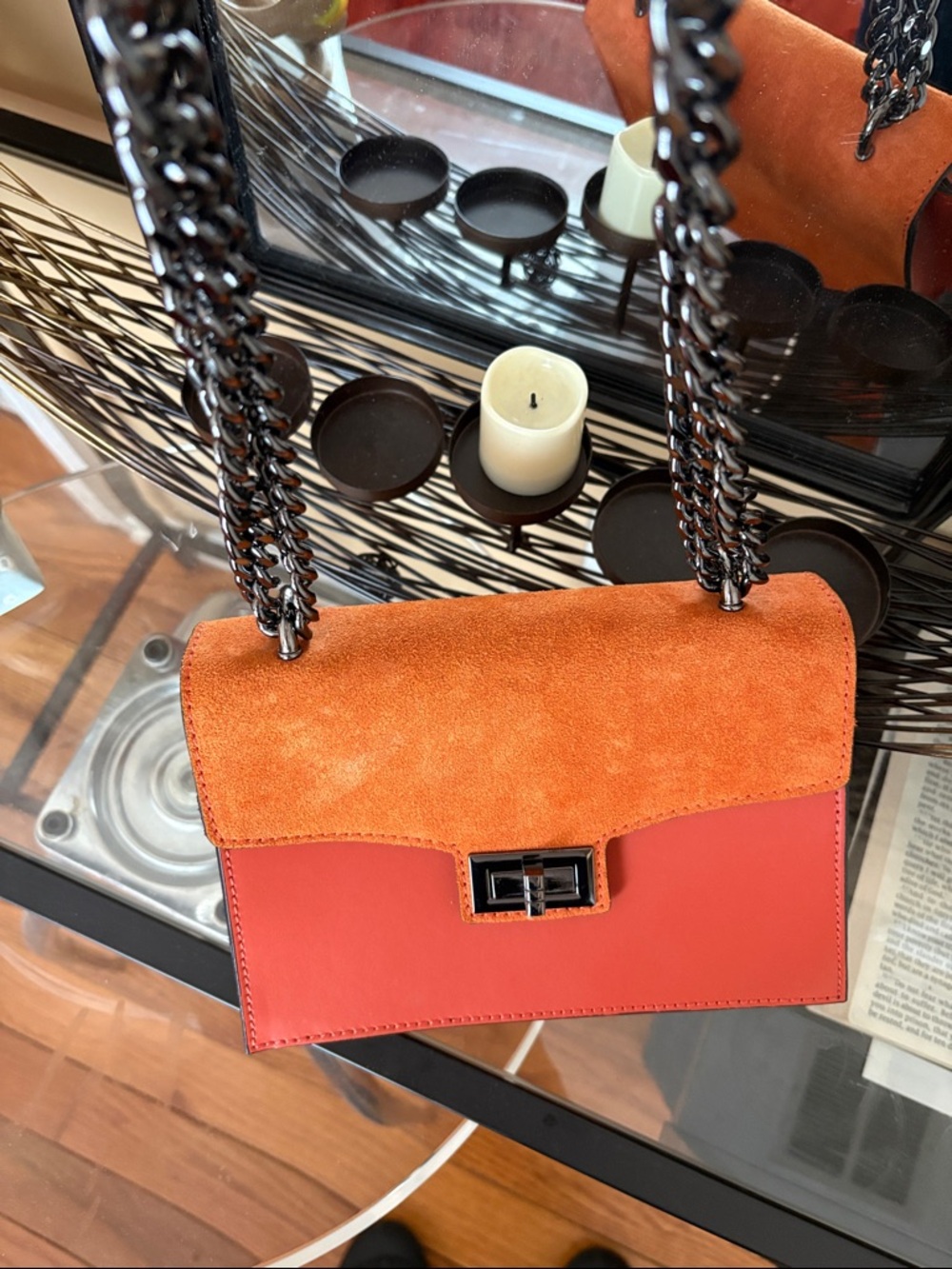 Two-Tone Orange Suede & Leather Chain Crossbody Bag